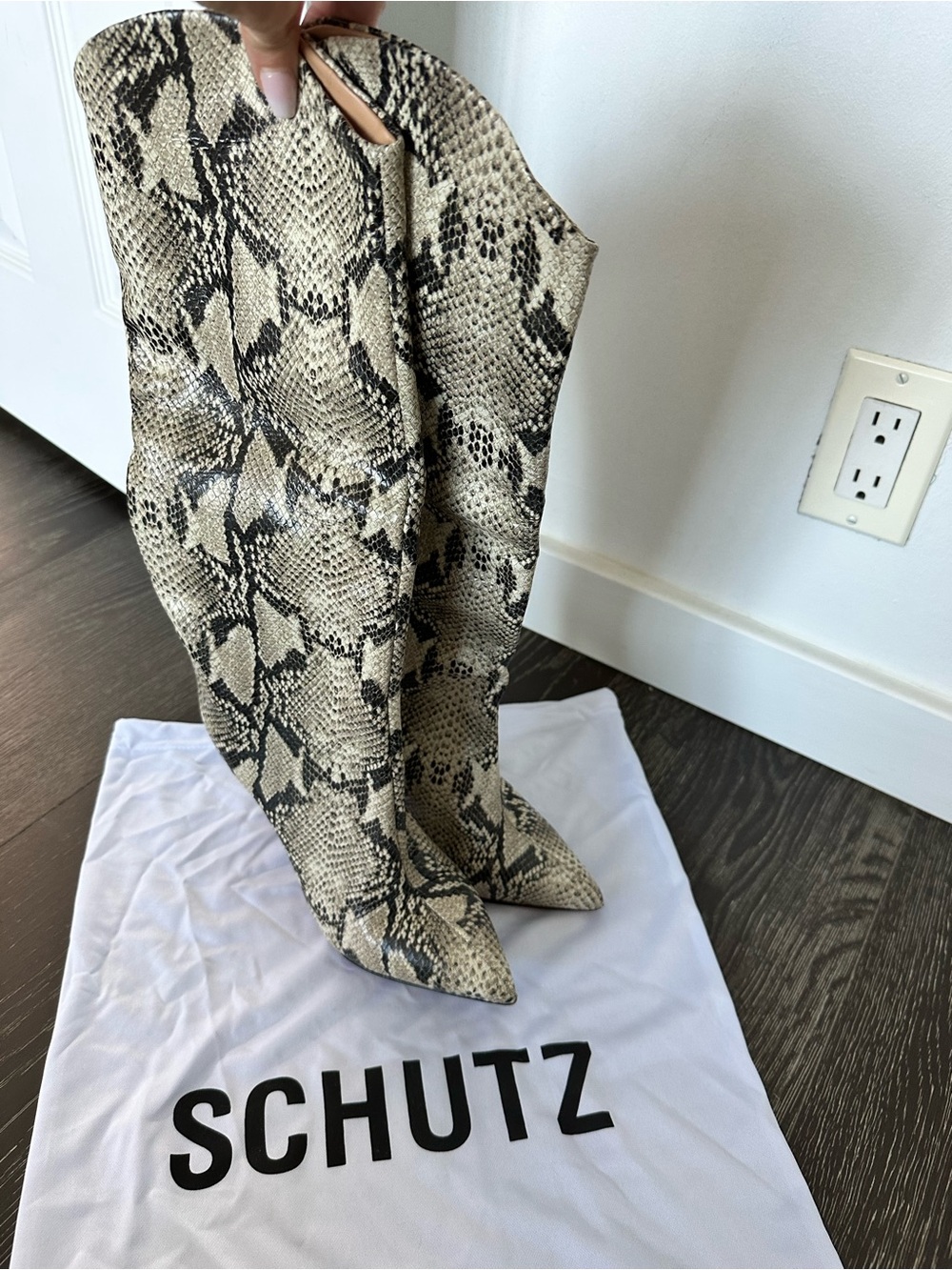 SCHUTZ Snake-Print Knee High Stilettos in Beige and Black - Picture 2 of 8